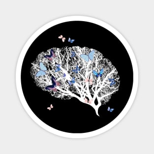 White brain and blue flowers, brain tree branches, Positivity, creativity, side brain Magnet
